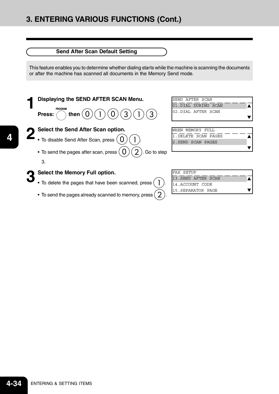 Toshiba e-studio 16/20/25 manual Send After Scan Default Setting, Select the Memory Full option 