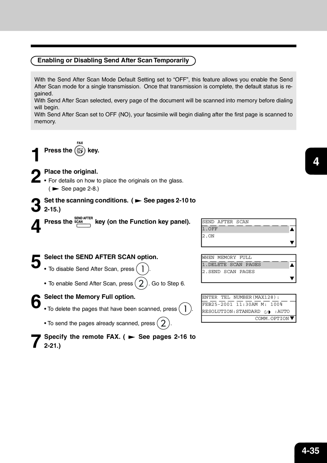 Toshiba e-studio 16/20/25 manual Enabling or Disabling Send After Scan Temporarily, Press the key Place the original 