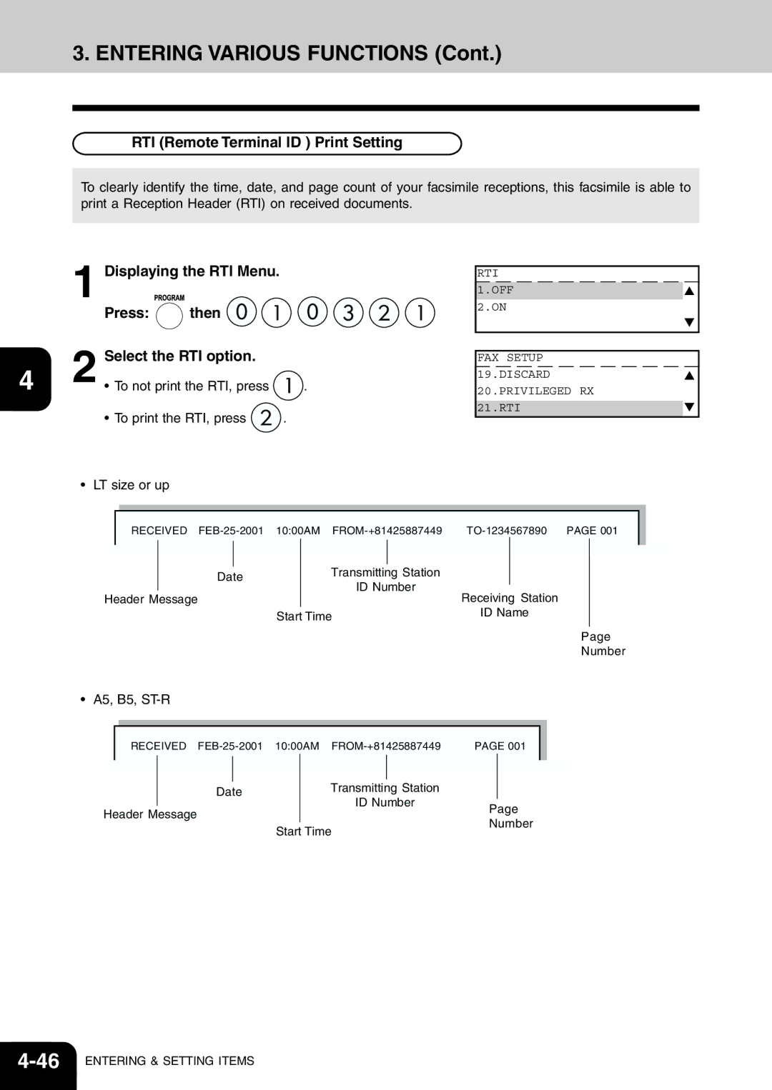 Toshiba e-studio 16/20/25 RTI Remote Terminal ID Print Setting, Press Then Select the RTI option, Displaying the RTI Menu 