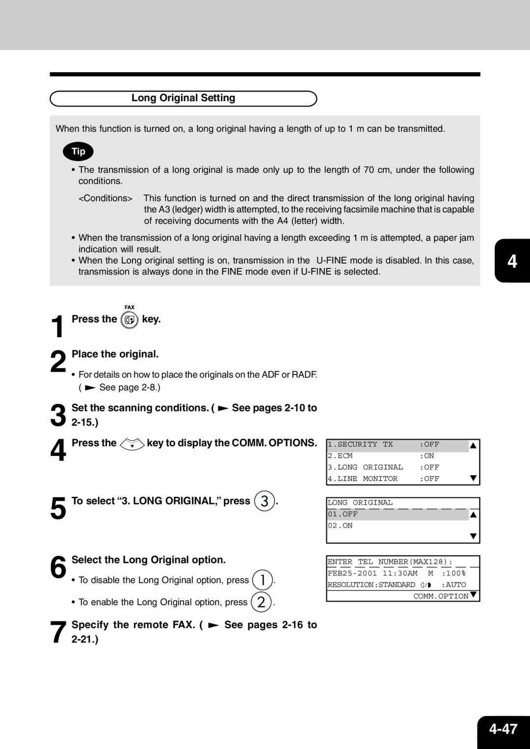 Toshiba e-studio 16/20/25 manual Long Original Setting, To select 3. Long ORIGINAL, press, Select the Long Original option 