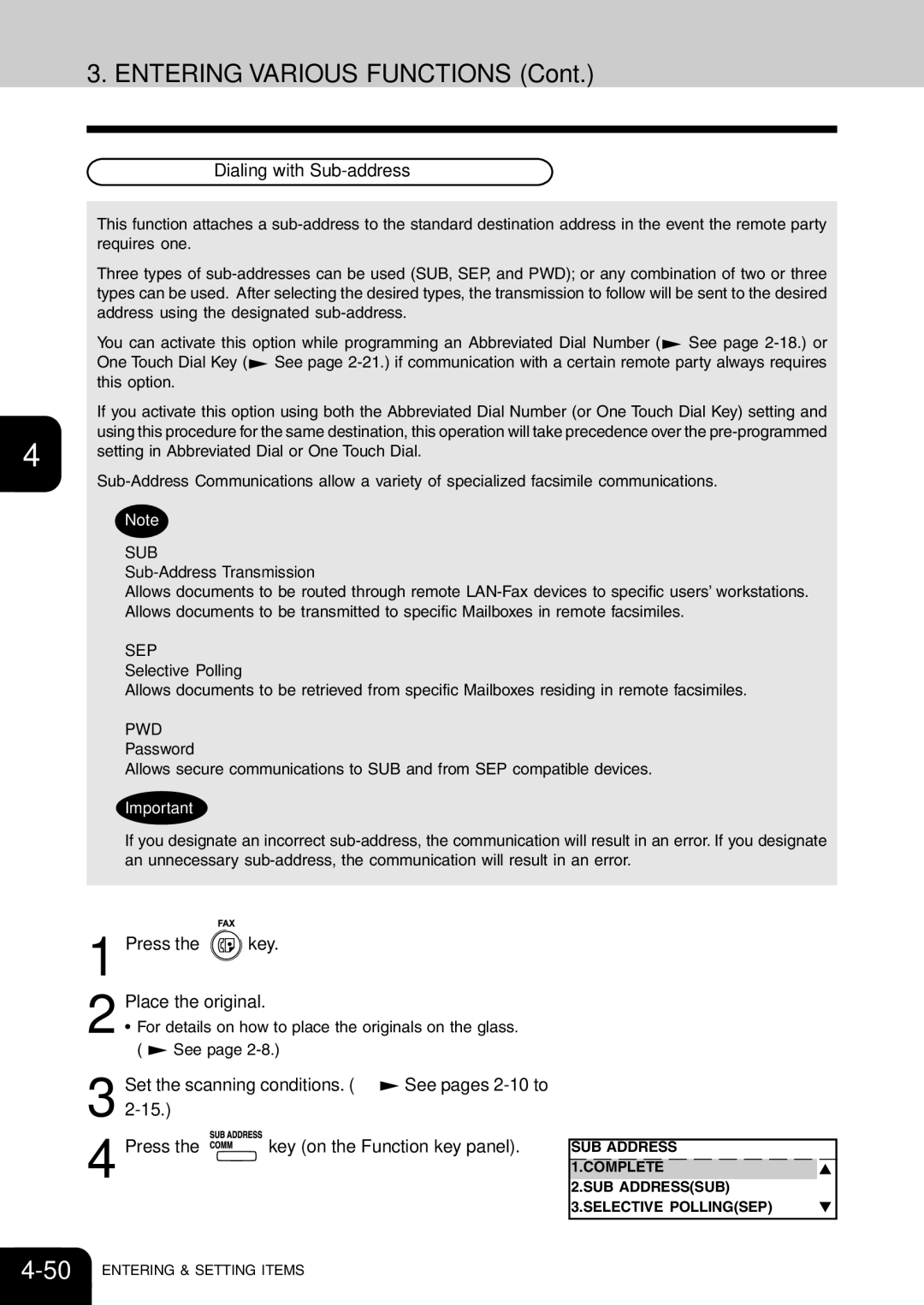 Toshiba e-studio 16/20/25 manual Dialing with Sub-address, Sub-Address Transmission, Selective Polling, Password 