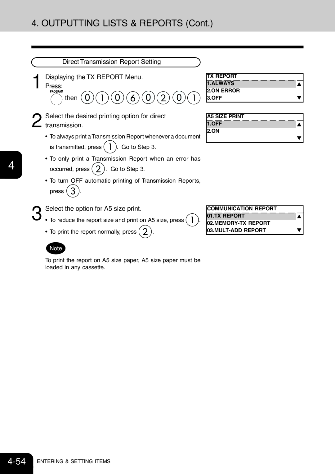 Toshiba e-studio 16/20/25 manual Outputting Lists & Reports, Select the option for A5 size print 