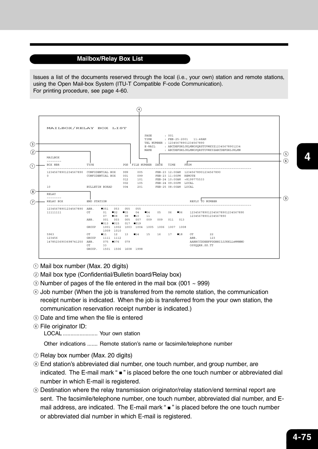 Toshiba e-studio 16/20/25 manual Your own station, BOX NBR Type PGS File Number Date Time From 