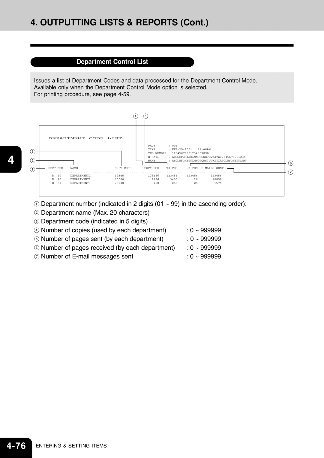 Toshiba e-studio 16/20/25 manual Department Control List, Number of copies used by each department 