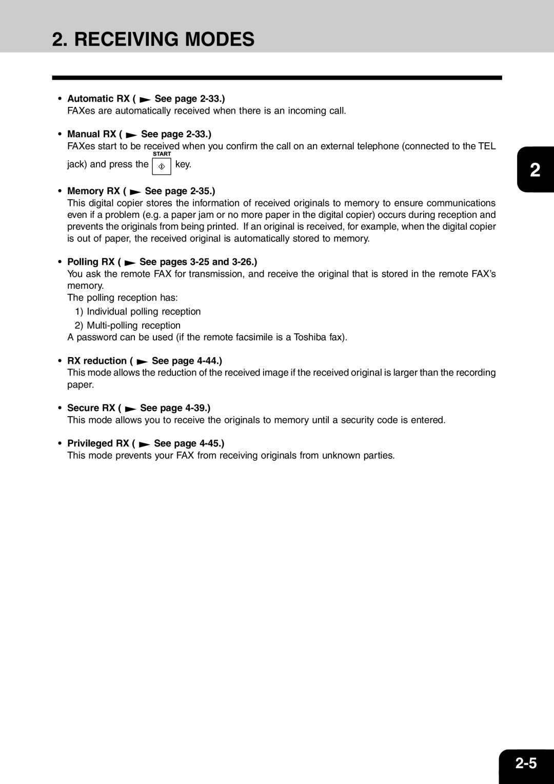 Toshiba e-studio 16/20/25 manual Receiving Modes 