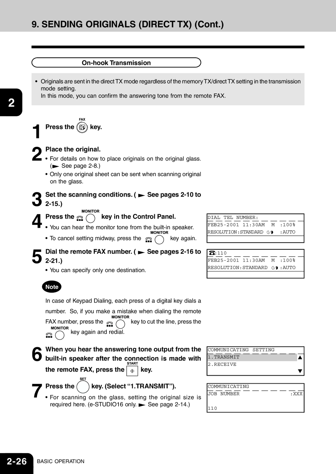 Toshiba e-studio 16/20/25 manual Sending Originals Direct TX, On-hook Transmission, Remote FAX, press the key 