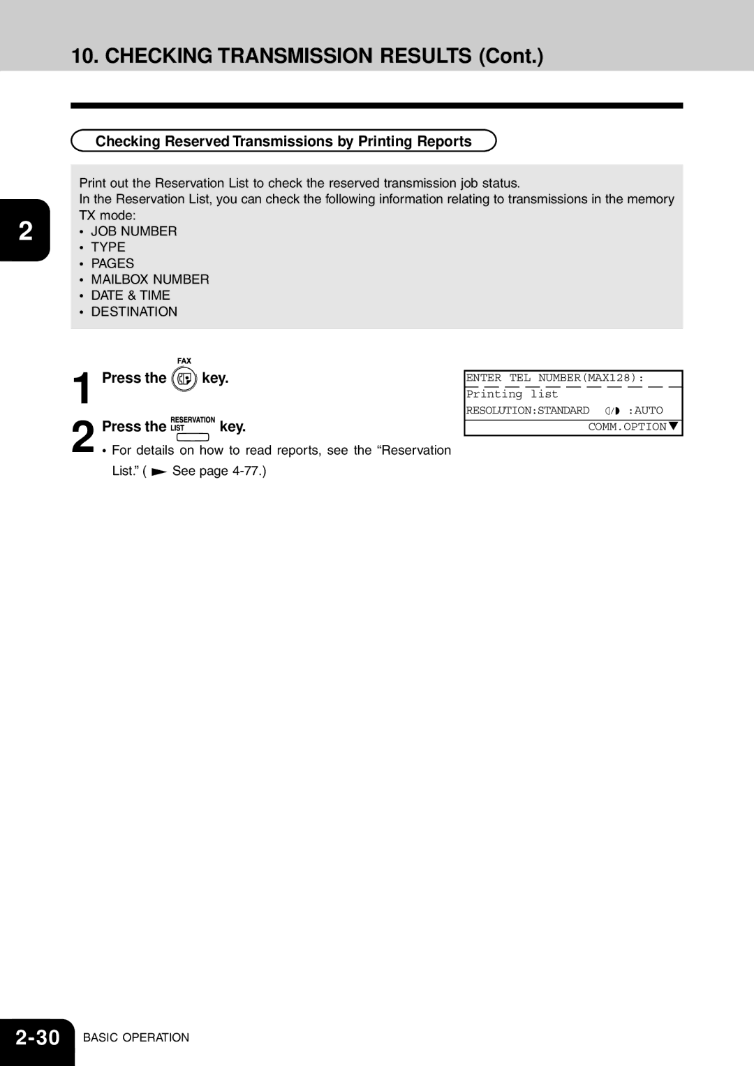 Toshiba e-studio 16/20/25 Checking Transmission Results, Checking Reserved Transmissions by Printing Reports, TX mode 