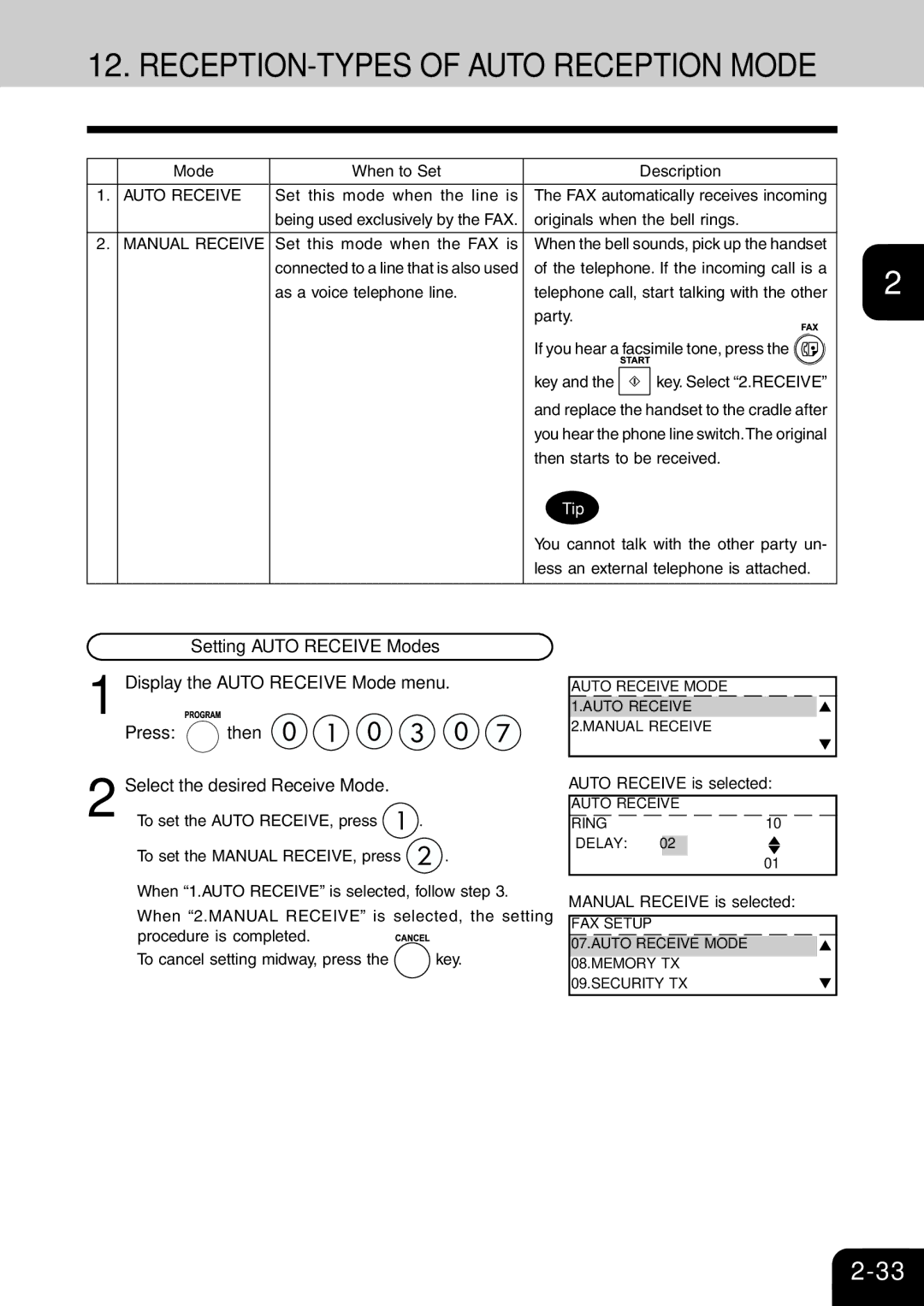 Toshiba e-studio 16/20/25 manual RECEPTION-TYPES of Auto Reception Mode, Press then Select the desired Receive Mode 