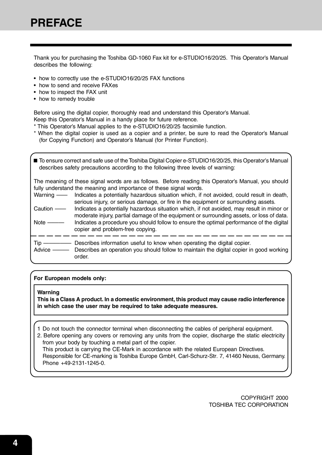 Toshiba e-studio 16/20/25 manual Preface 