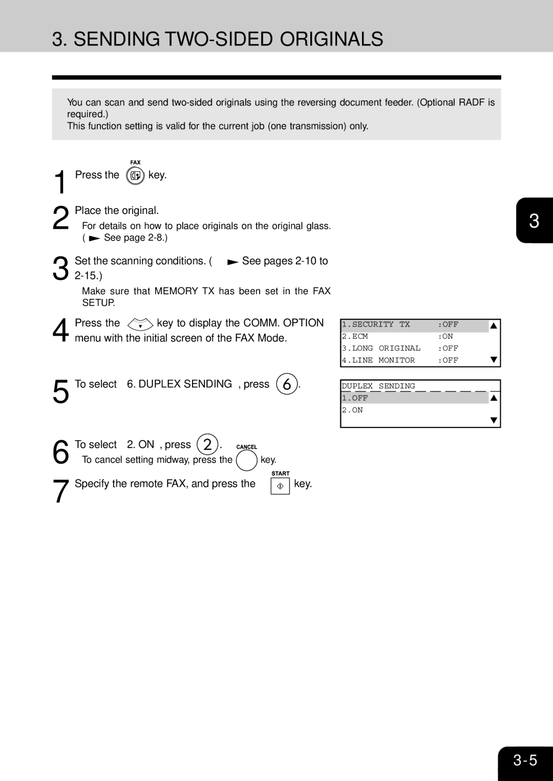 Toshiba e-studio 16/20/25 manual Sending TWO-SIDED Originals, Set the scanning conditions. See pages 2-10 to 