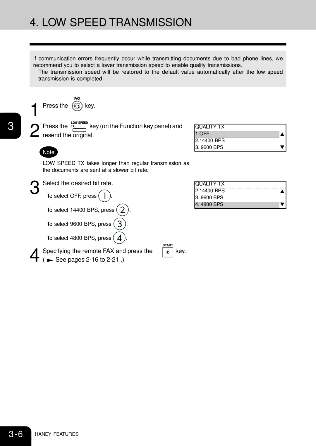 Toshiba e-studio 16/20/25 manual LOW Speed Transmission, Select the desired bit rate, Specifying the remote FAX and press 
