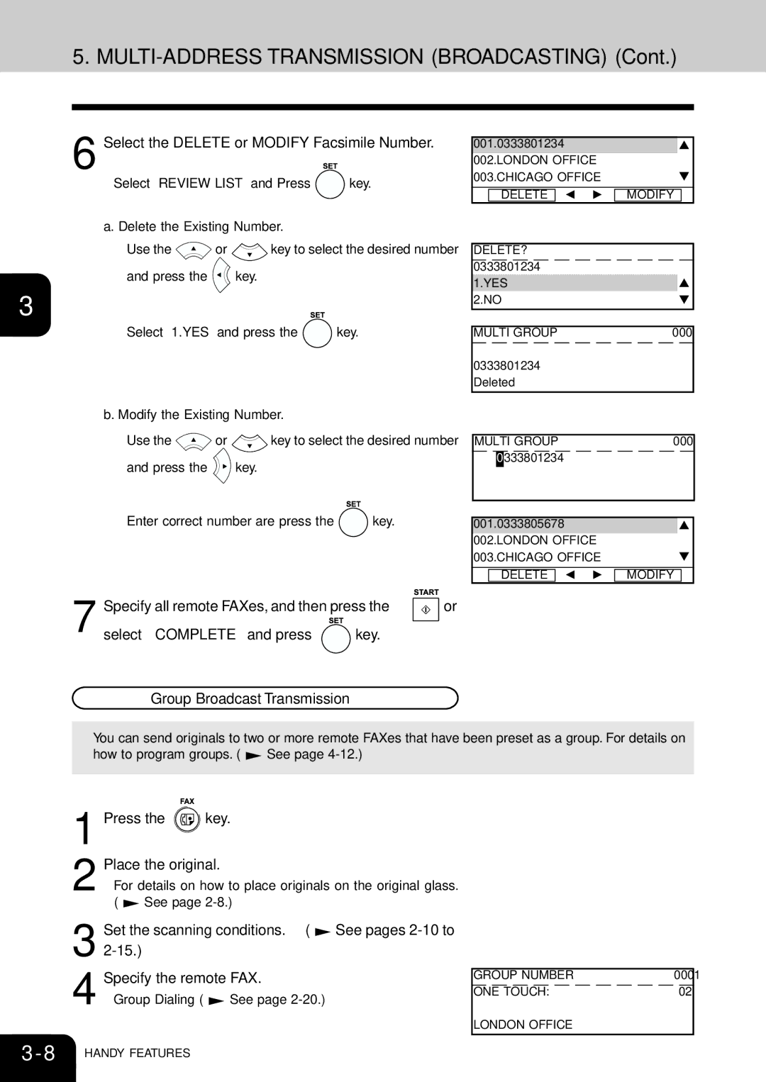 Toshiba e-studio 16/20/25 manual MULTI-ADDRESS Transmission Broadcasting, Select the Delete or Modify Facsimile Number 