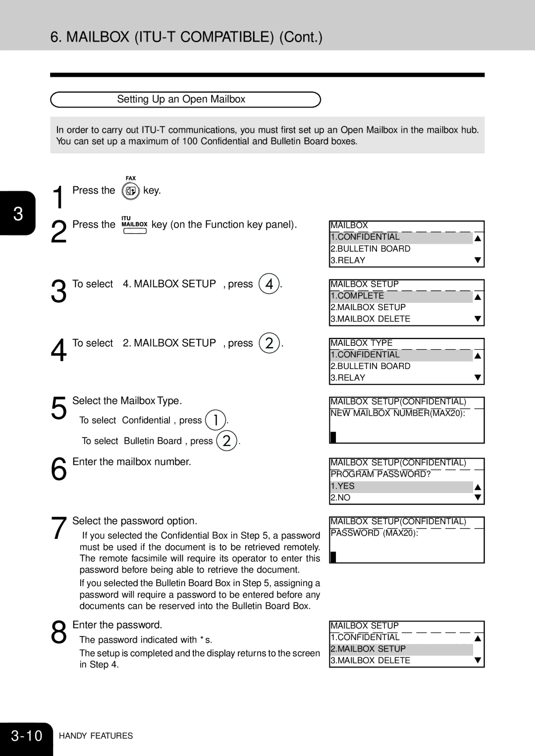 Toshiba e-studio 16/20/25 manual Mailbox ITU-T Compatible, Setting Up an Open Mailbox, Enter the mailbox number 