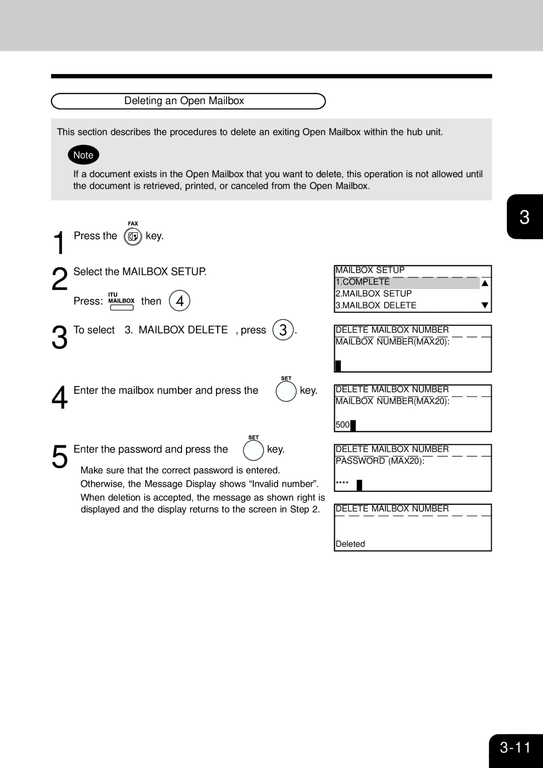 Toshiba e-studio 16/20/25 manual Deleting an Open Mailbox, Press Then To select 3. Mailbox DELETE, press 