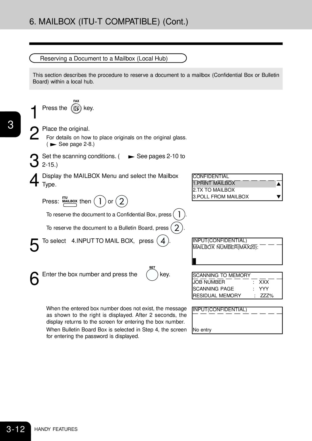 Toshiba e-studio 16/20/25 manual Reserving a Document to a Mailbox Local Hub, Press the key Place the original 