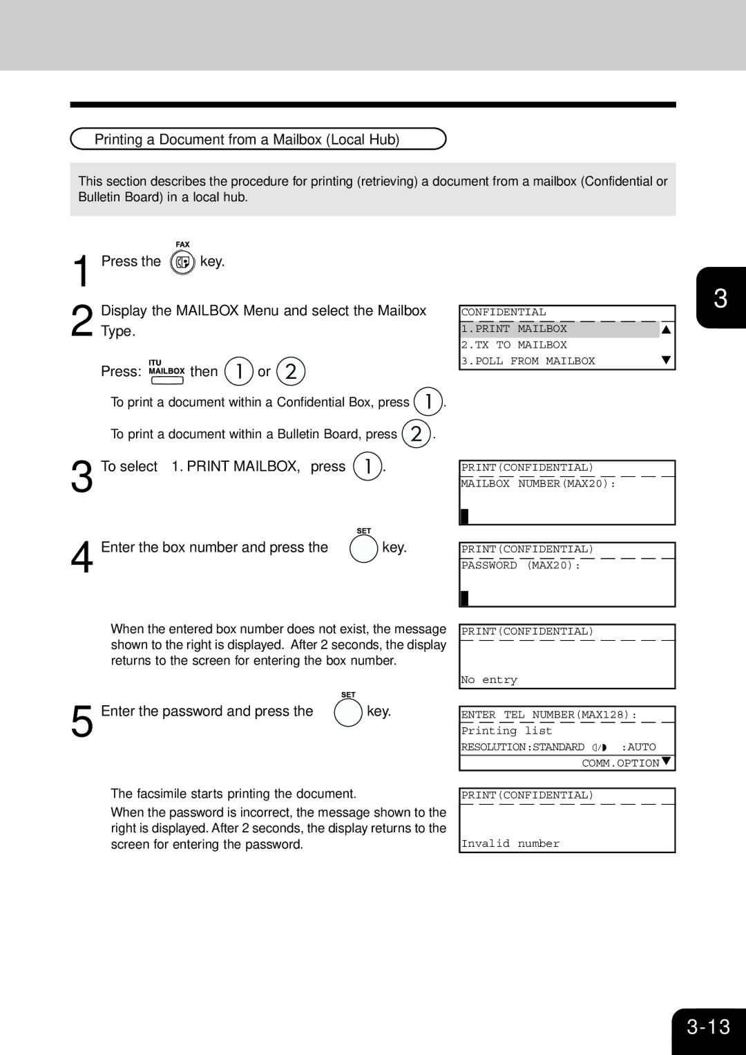 Toshiba e-studio 16/20/25 manual Printing a Document from a Mailbox Local Hub, Enter the password and press the key 