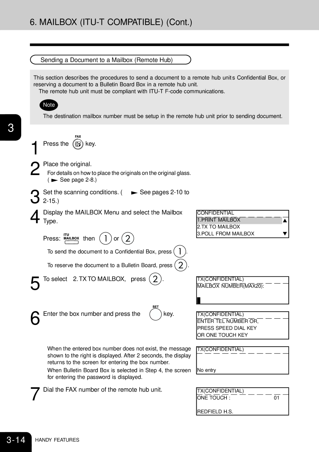 Toshiba e-studio 16/20/25 manual Sending a Document to a Mailbox Remote Hub, Dial the FAX number of the remote hub unit 