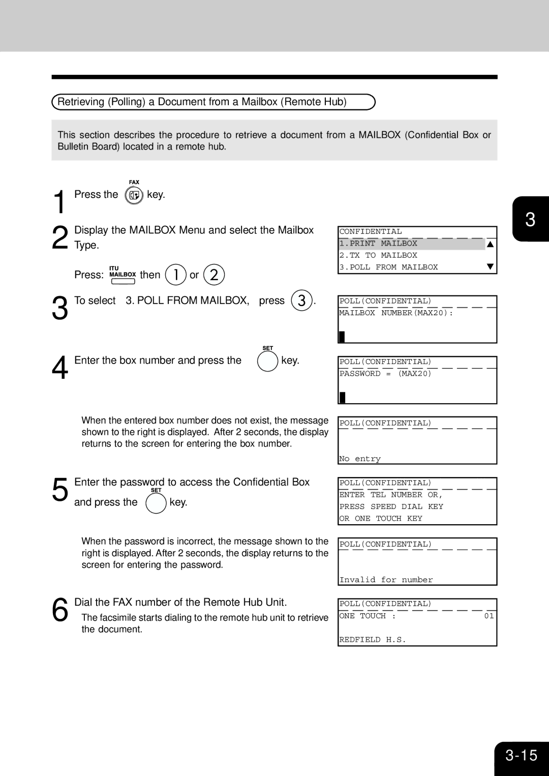 Toshiba e-studio 16/20/25 manual Retrieving Polling a Document from a Mailbox Remote Hub 