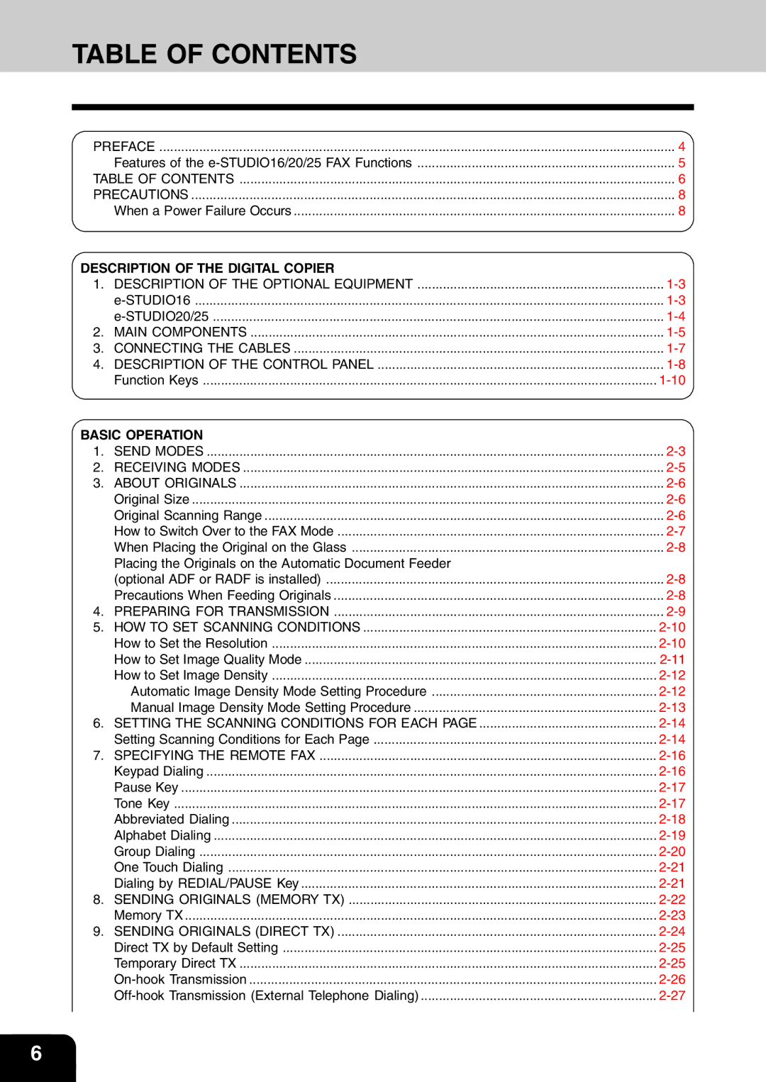 Toshiba e-studio 16/20/25 manual Table of Contents 