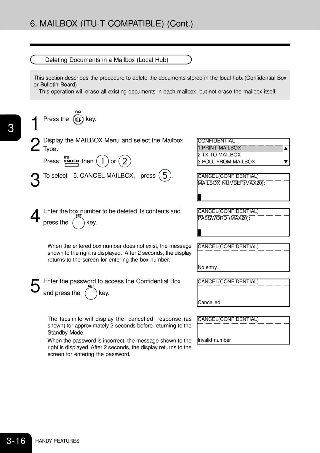 Toshiba e-studio 16/20/25 manual Deleting Documents in a Mailbox Local Hub, Enter the box number to be deleted its contents 