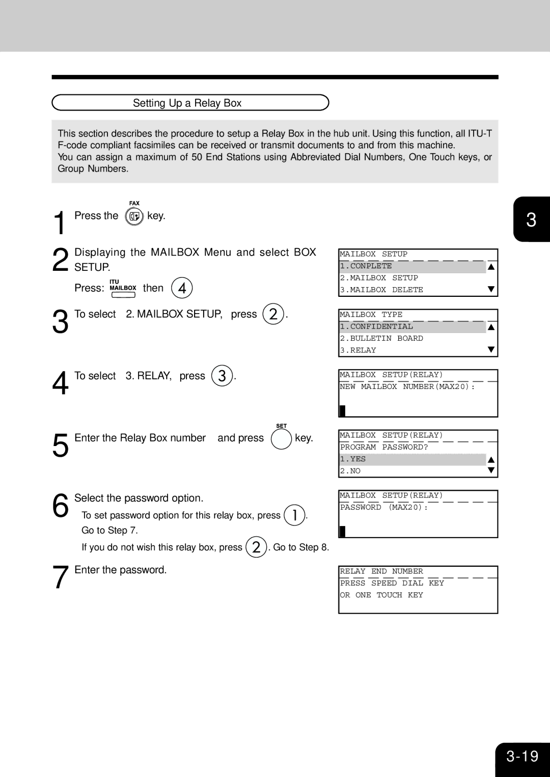 Toshiba e-studio 16/20/25 manual Setting Up a Relay Box, Press Key Displaying the Mailbox Menu and select BOX 