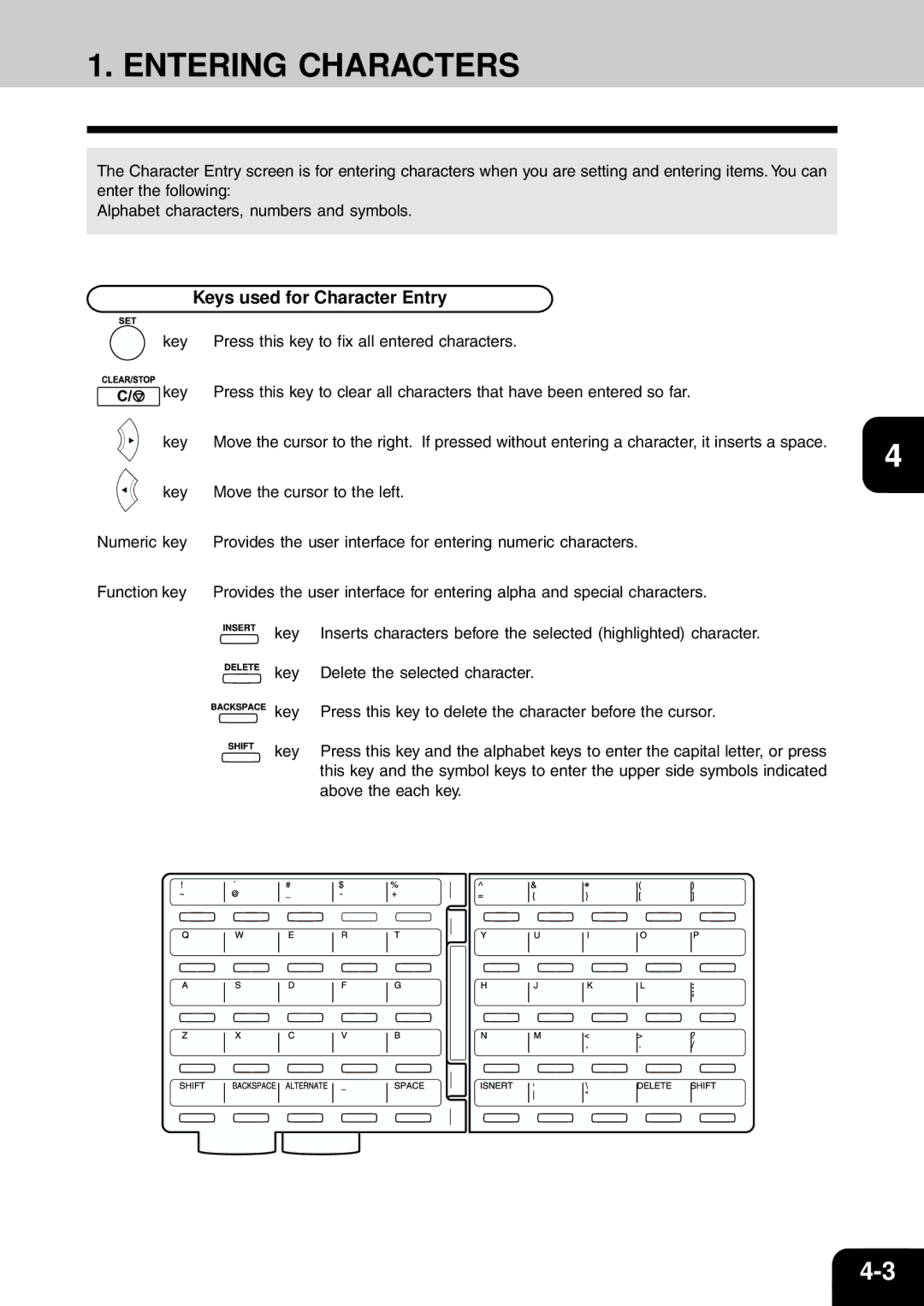 Toshiba e-studio 16/20/25 manual Entering Characters, Keys used for Character Entry 