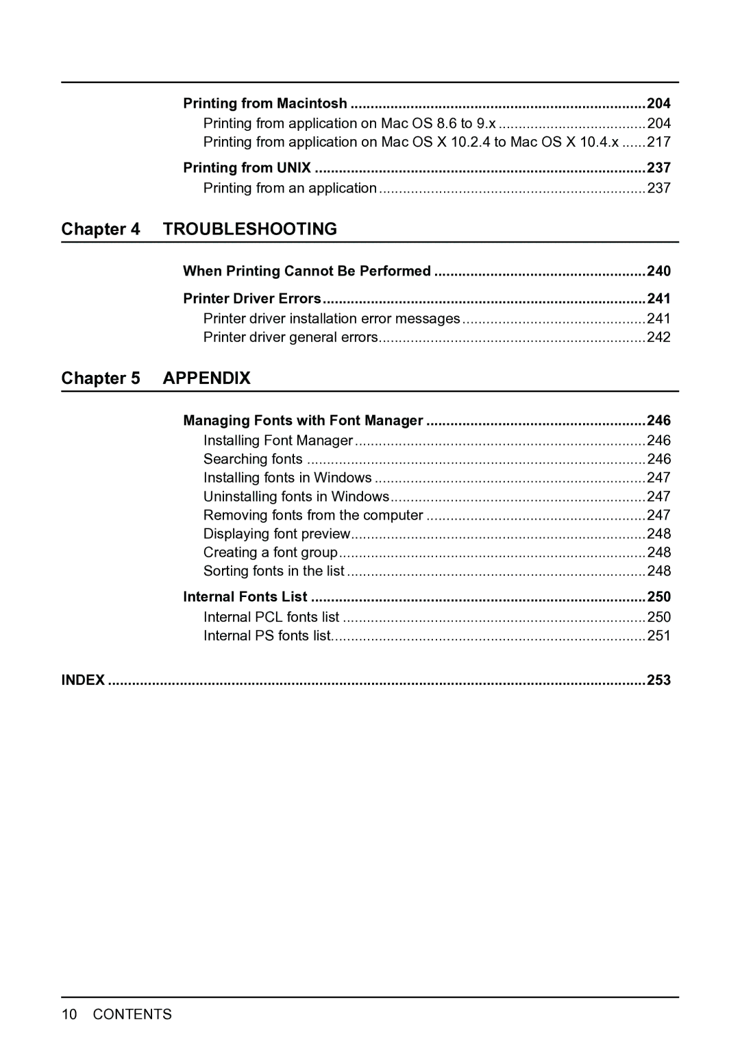 Toshiba e-Studio 165/205 manual 204, 237, Managing Fonts with Font Manager 246, 250, 253 