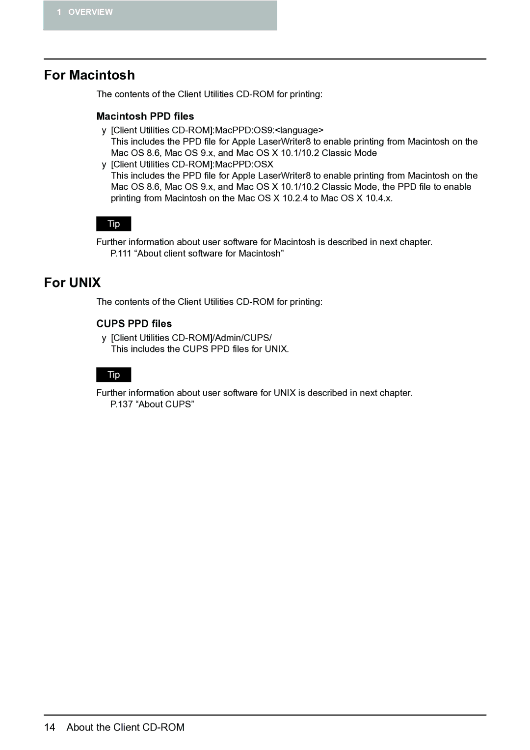 Toshiba e-Studio 165/205 manual For Macintosh, For Unix, Macintosh PPD files, Cups PPD files 