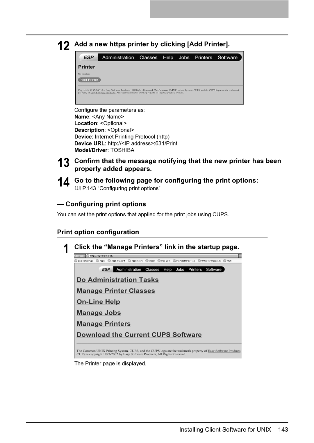 Toshiba e-Studio 165/205 Add a new https printer by clicking Add Printer, Configuring print options, Model/Driver Toshiba 