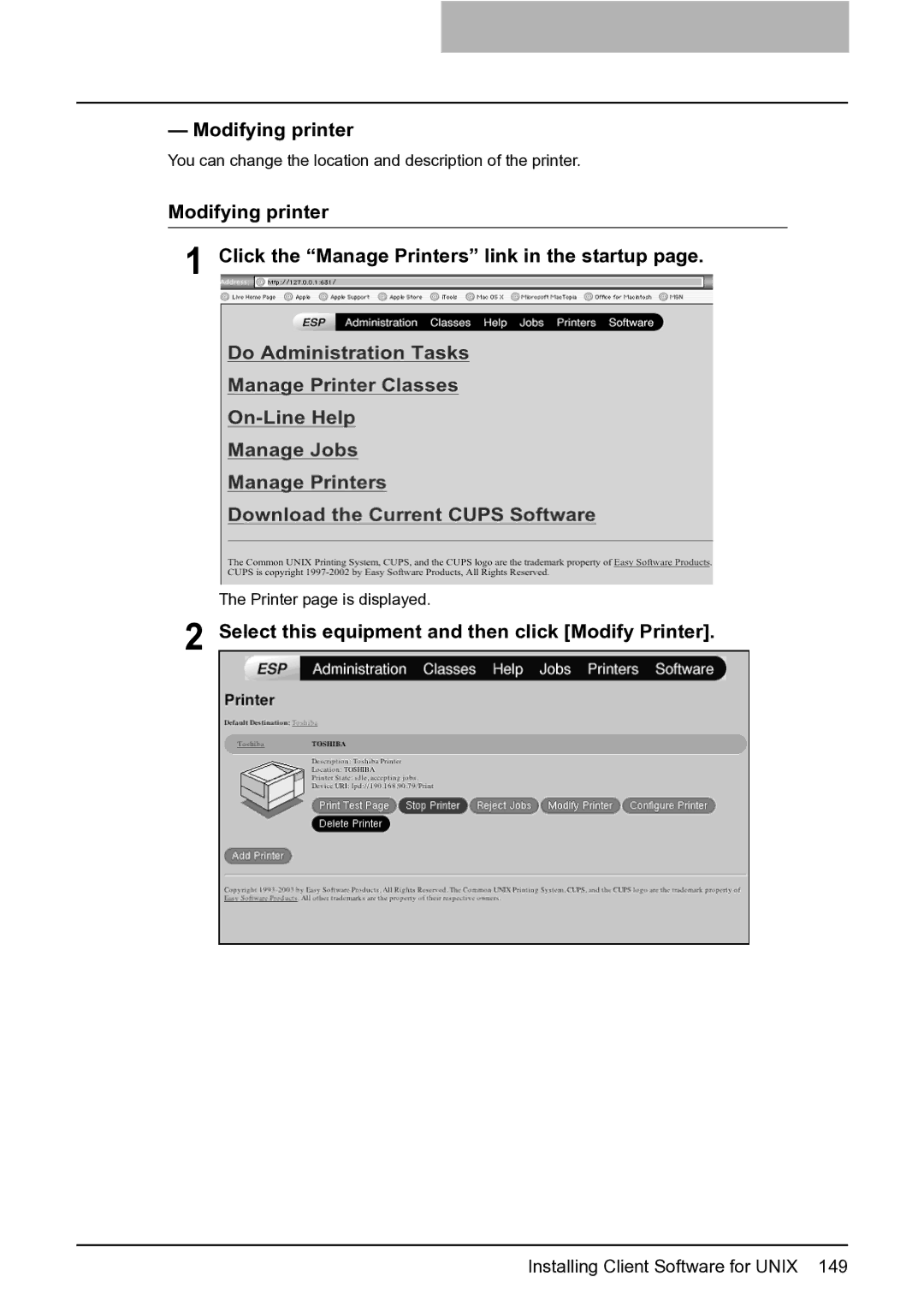 Toshiba e-Studio 165/205 manual Modifying printer, Select this equipment and then click Modify Printer 