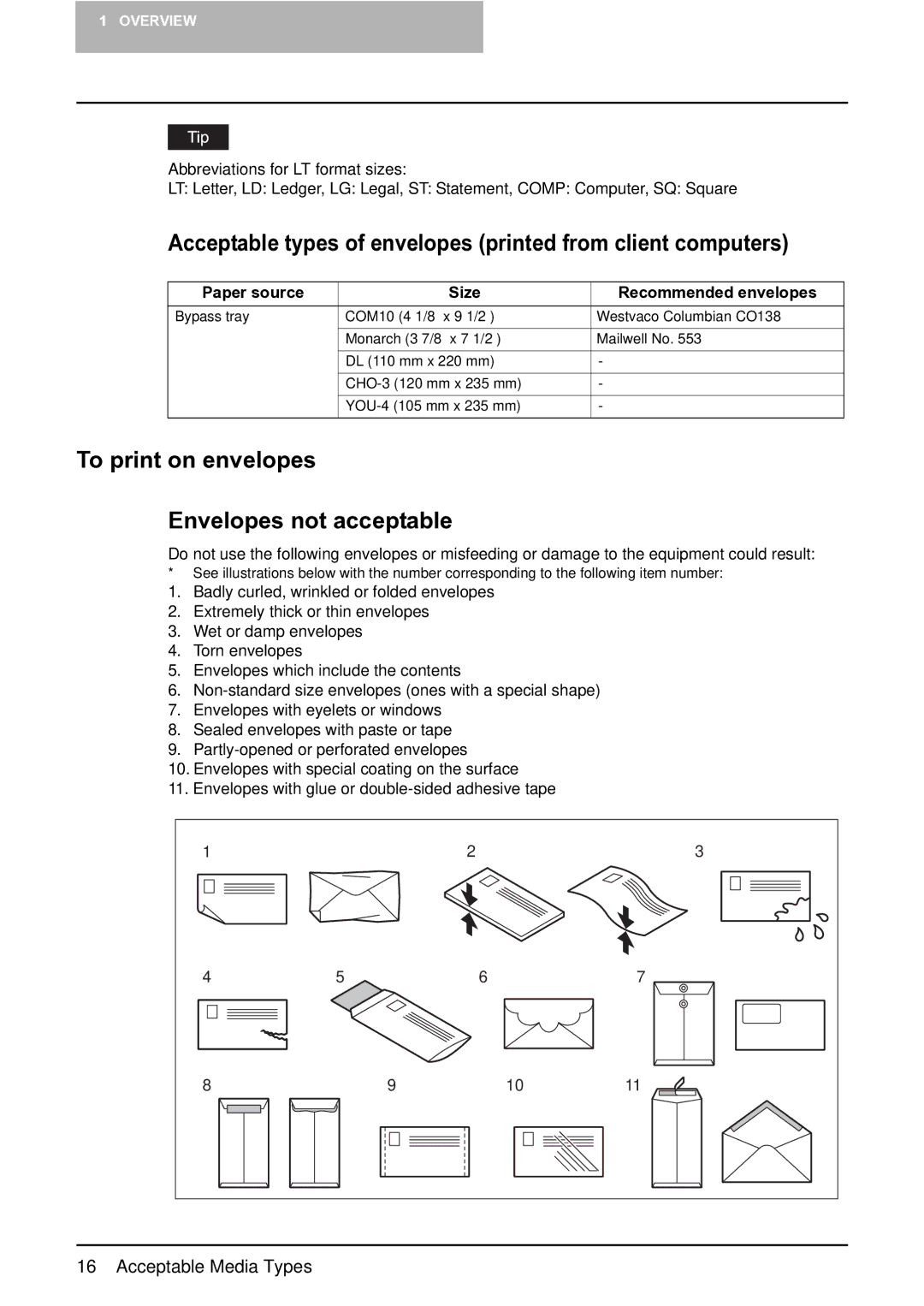 Toshiba e-Studio 165/205 manual Acceptable types of envelopes printed from client computers 