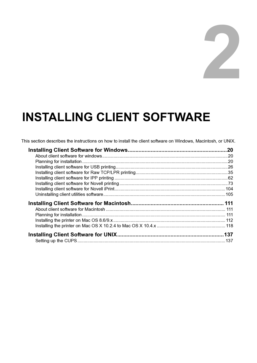 Toshiba e-Studio 165/205 manual Installing Client Software for Macintosh 111, Installing Client Software for Unix 137 