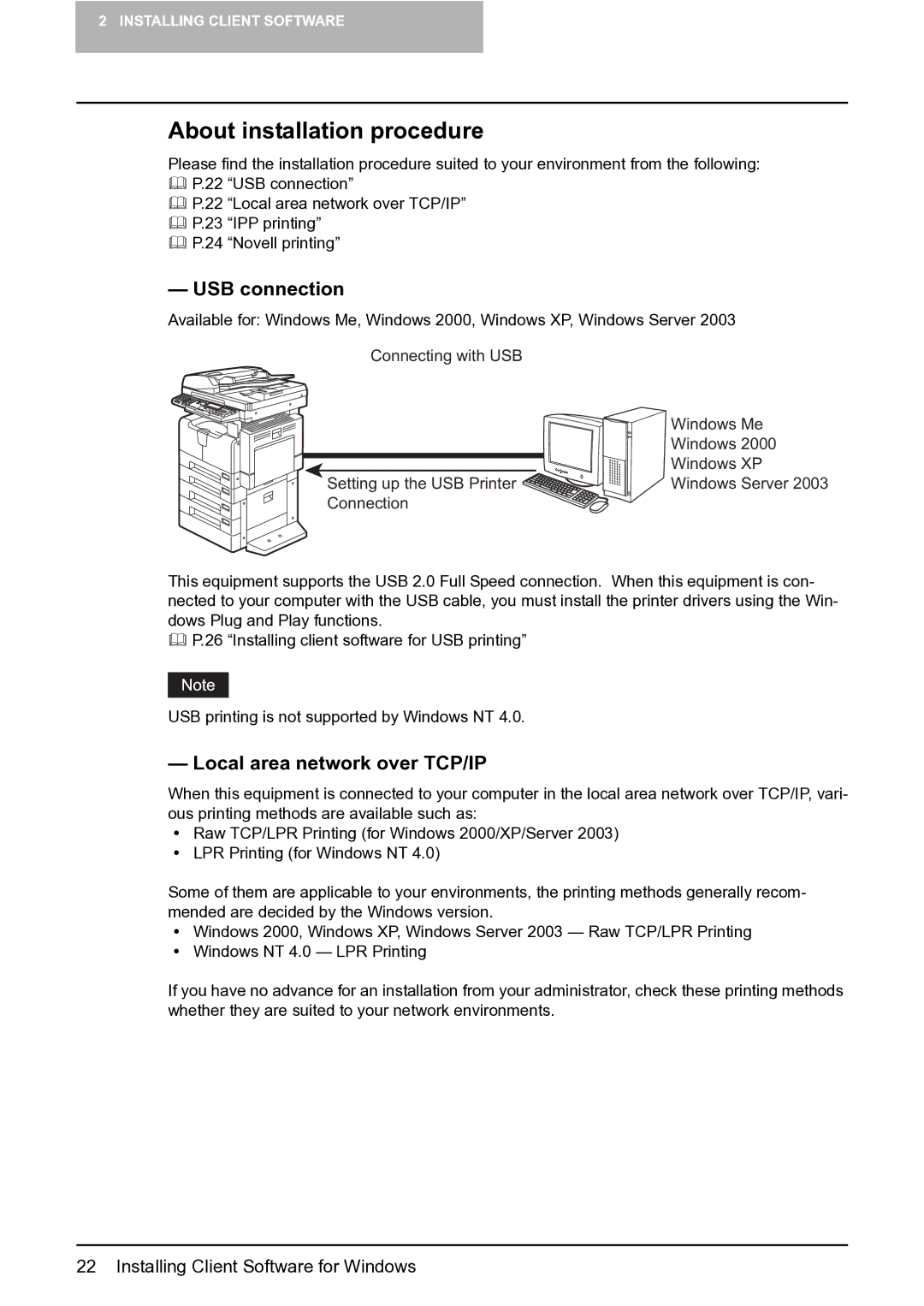 Toshiba e-Studio 165/205 manual About installation procedure, USB connection, Local area network over TCP/IP 