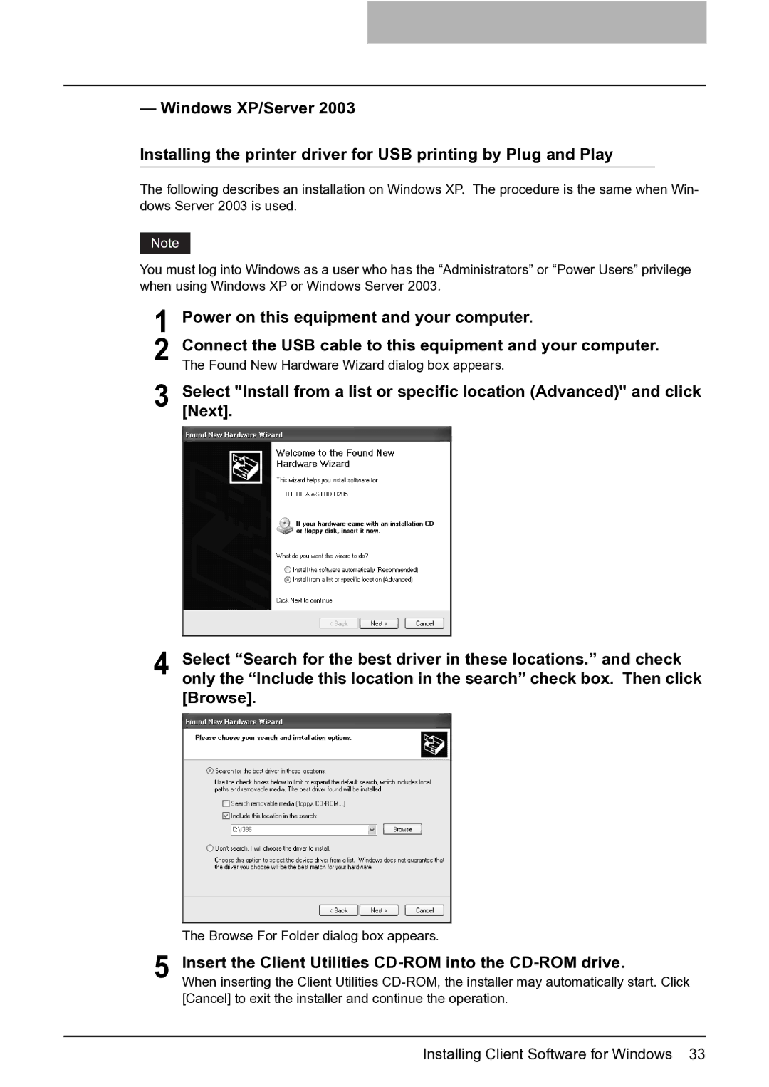 Toshiba e-Studio 165/205 manual Browse For Folder dialog box appears 