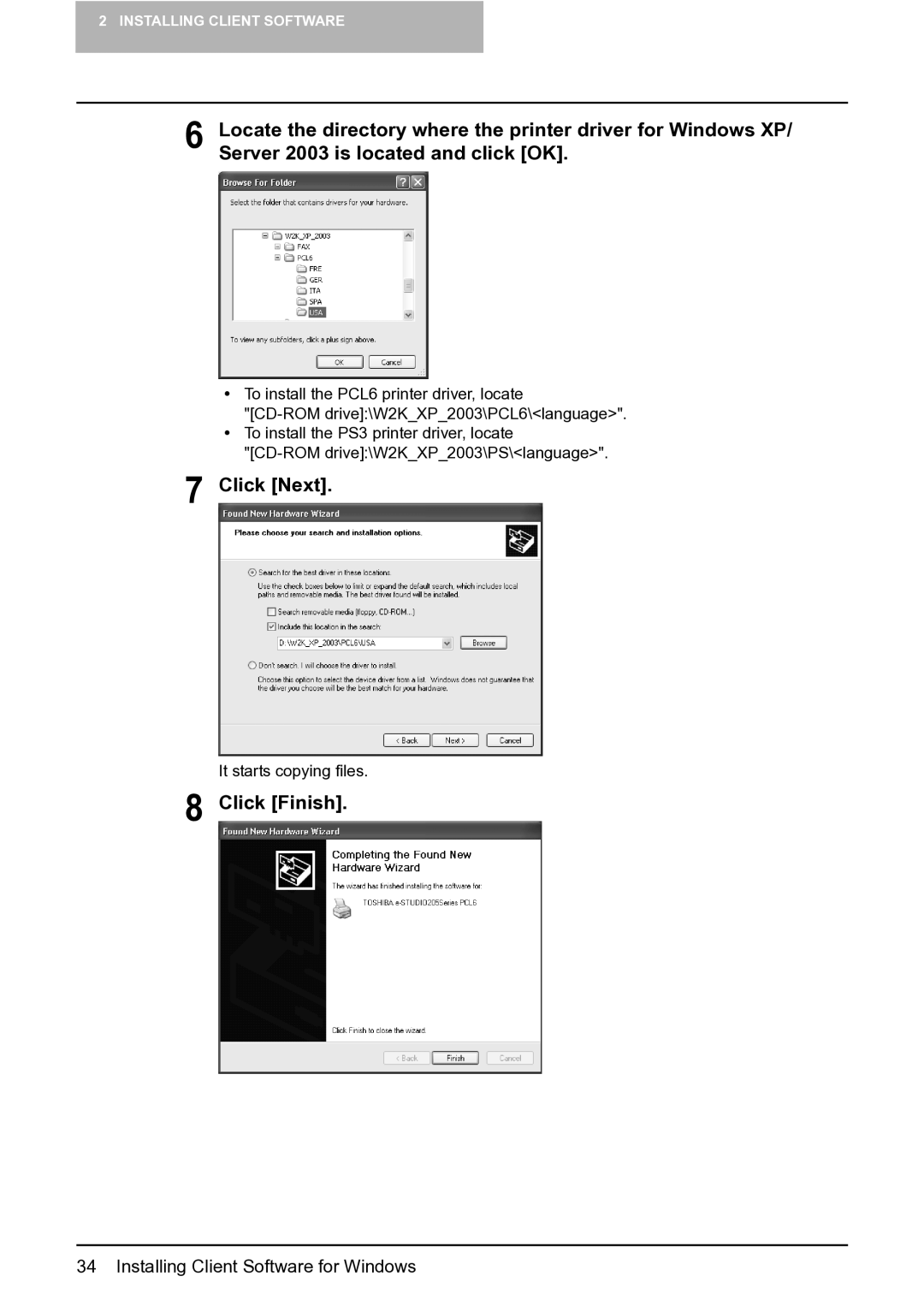 Toshiba e-Studio 165/205 manual Click Next, Click Finish 