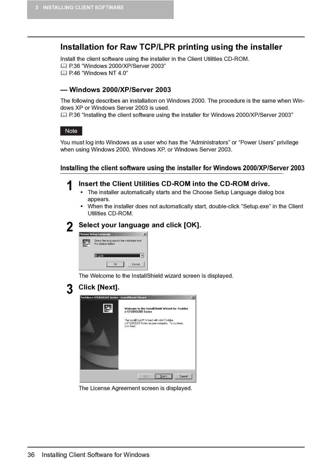 Toshiba e-Studio 165/205 manual Installation for Raw TCP/LPR printing using the installer, Windows 2000/XP/Server 