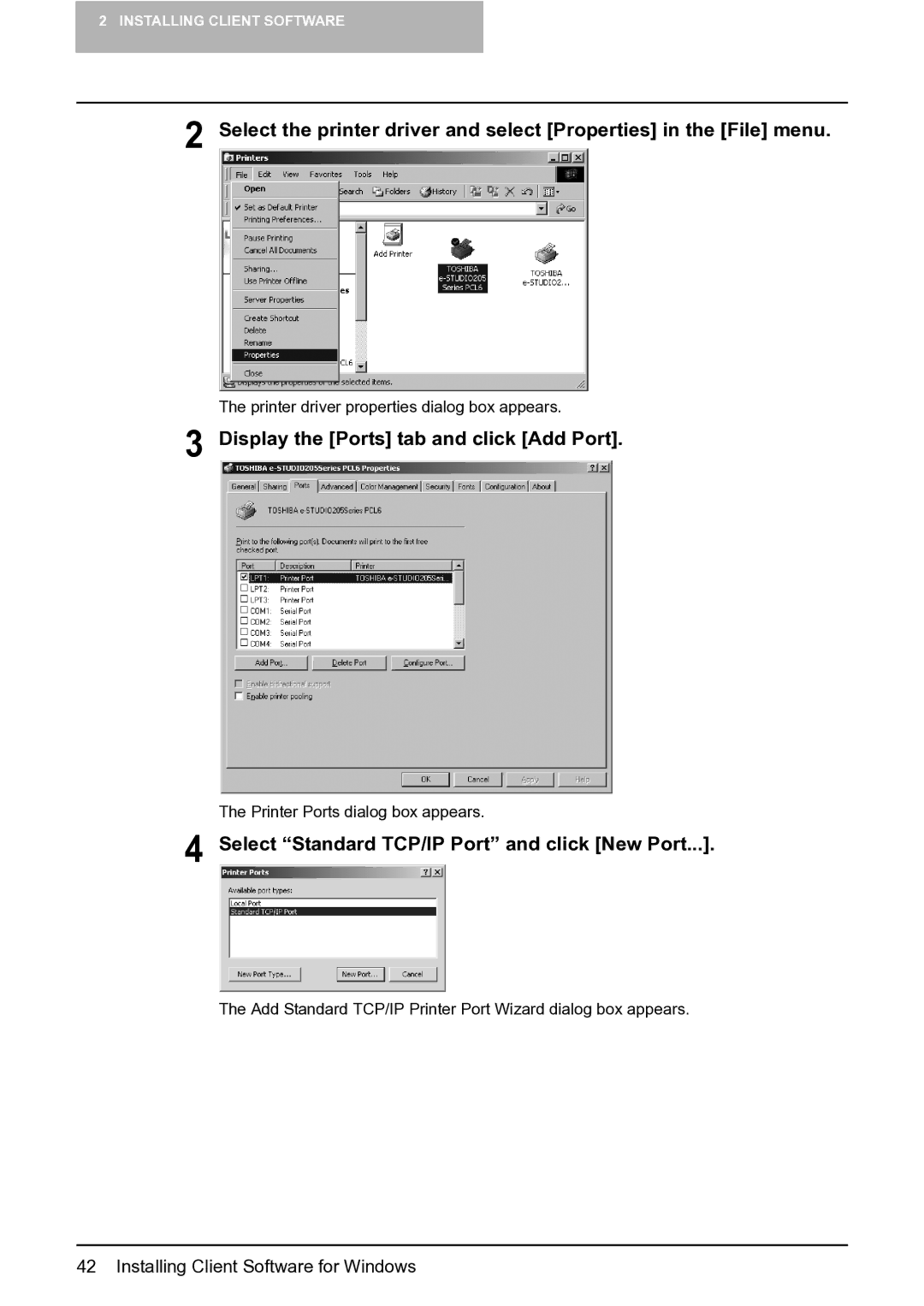 Toshiba e-Studio 165/205 manual Display the Ports tab and click Add Port, Select Standard TCP/IP Port and click New Port 