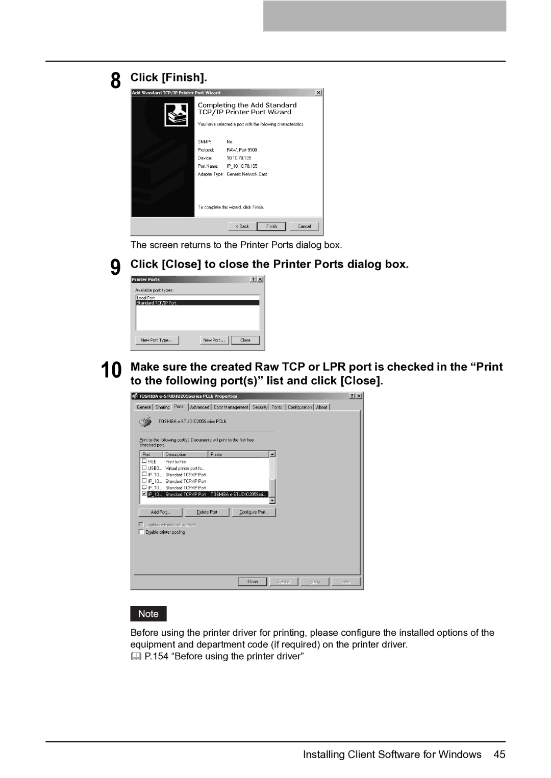 Toshiba e-Studio 165/205 manual Screen returns to the Printer Ports dialog box 