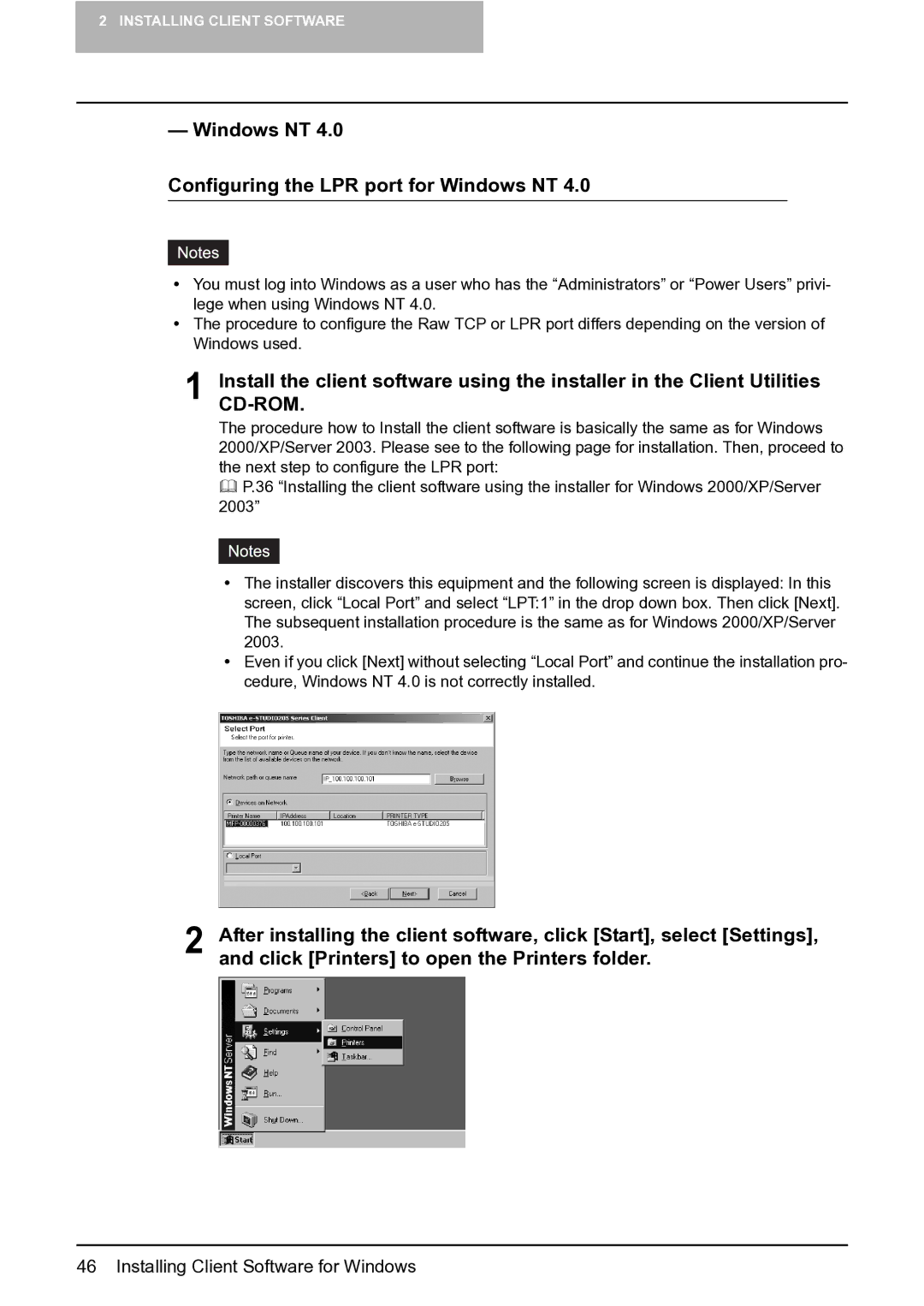 Toshiba e-Studio 165/205 manual Windows NT Configuring the LPR port for Windows NT 