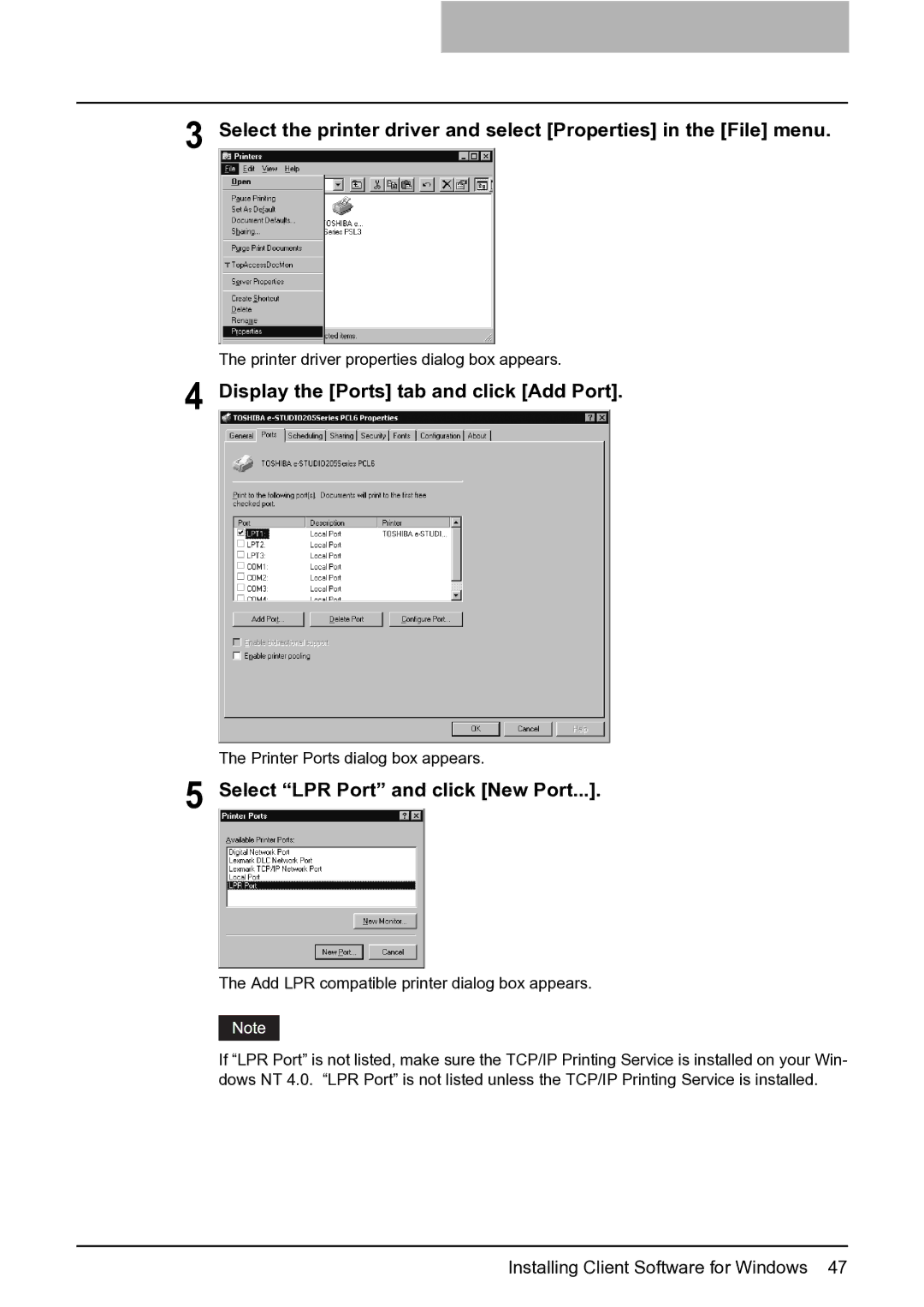 Toshiba e-Studio 165/205 manual Select LPR Port and click New Port, Add LPR compatible printer dialog box appears 