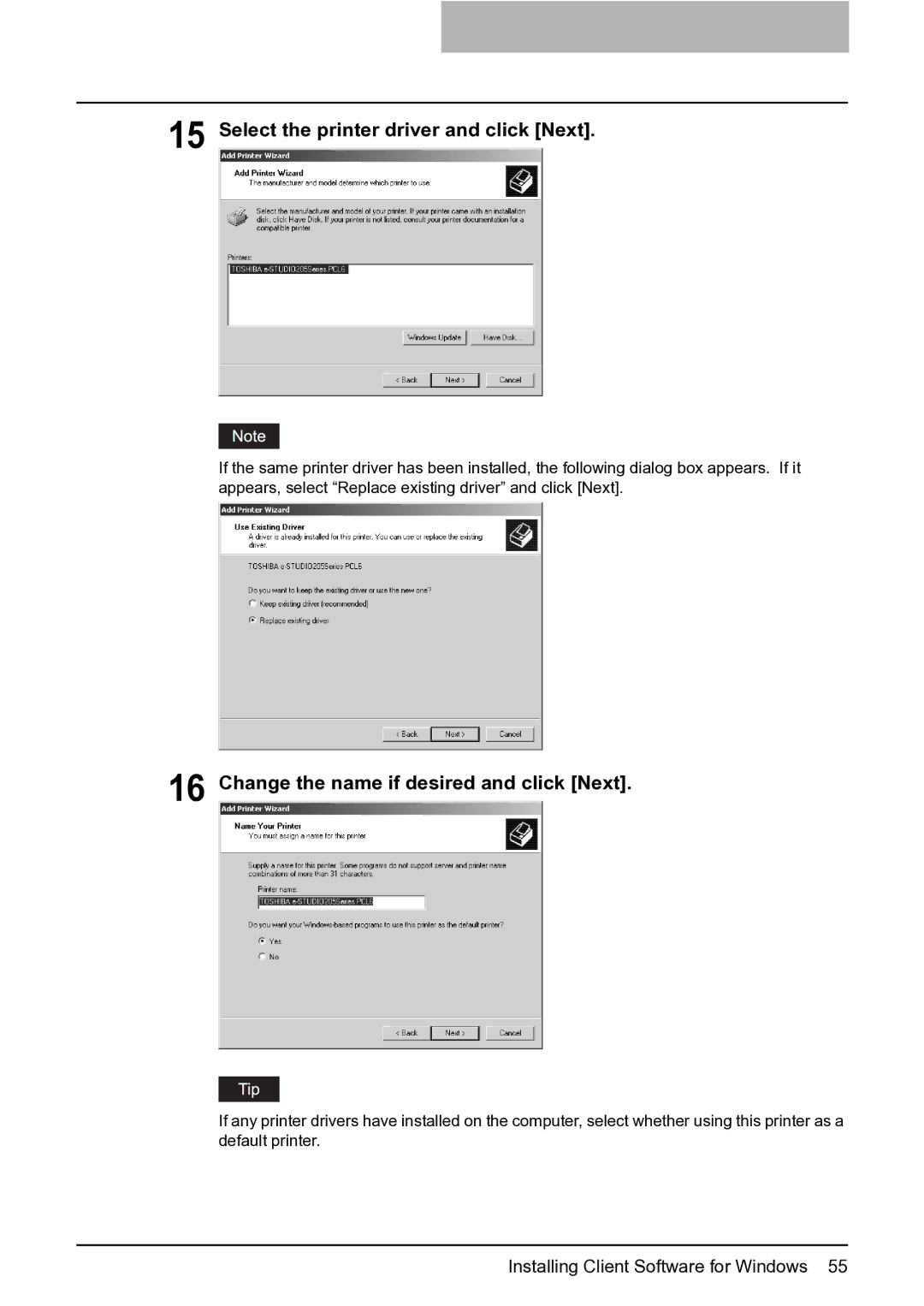 Toshiba e-Studio 165/205 manual Select the printer driver and click Next, Change the name if desired and click Next 