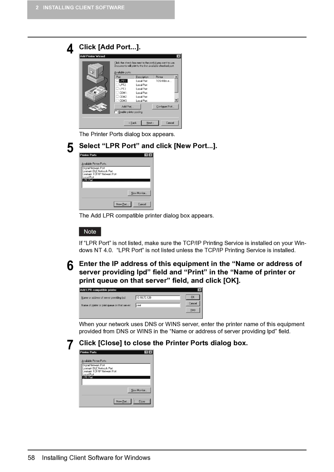 Toshiba e-Studio 165/205 manual Click Add Port, Click Close to close the Printer Ports dialog box 