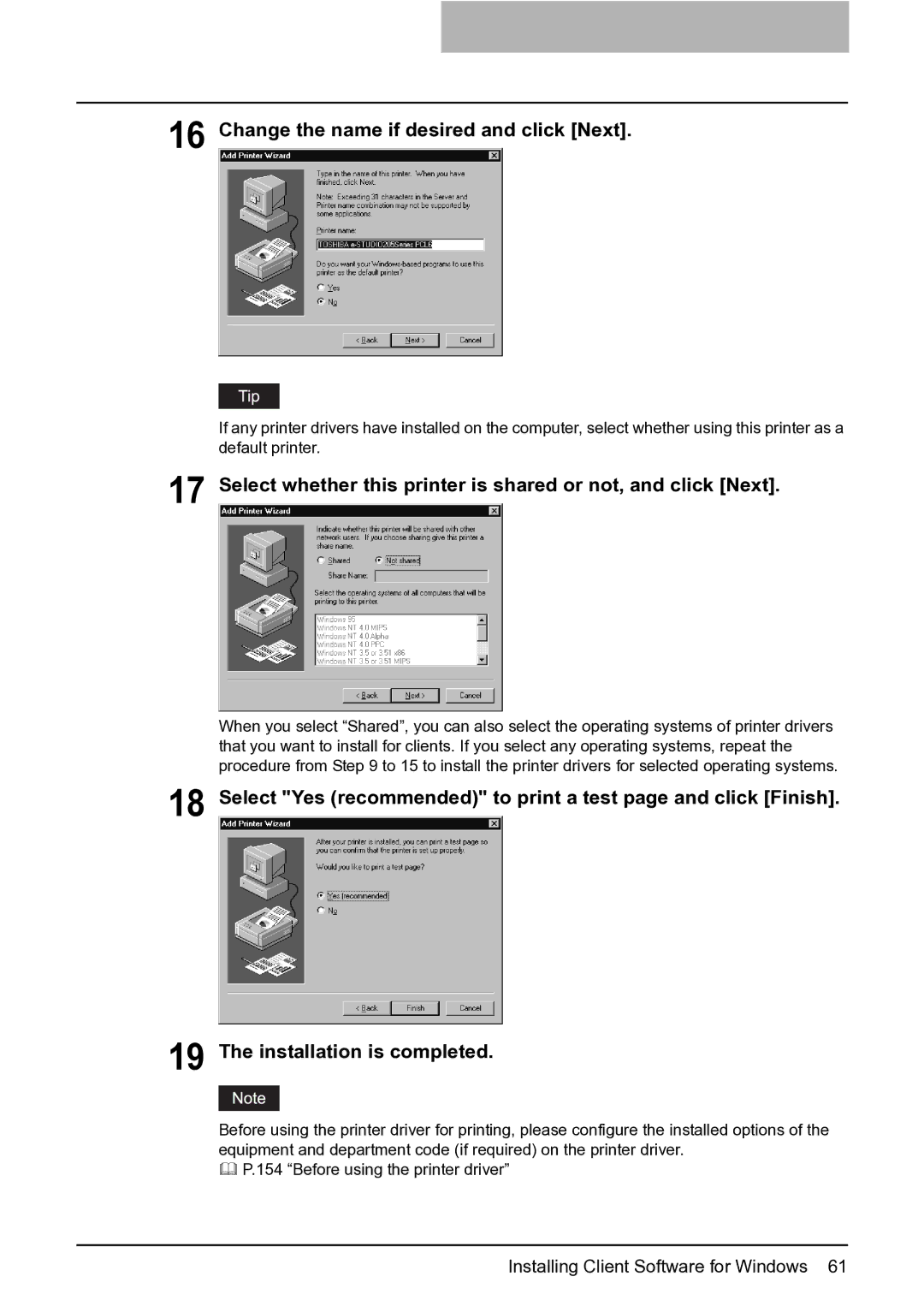 Toshiba e-Studio 165/205 manual Select whether this printer is shared or not, and click Next 