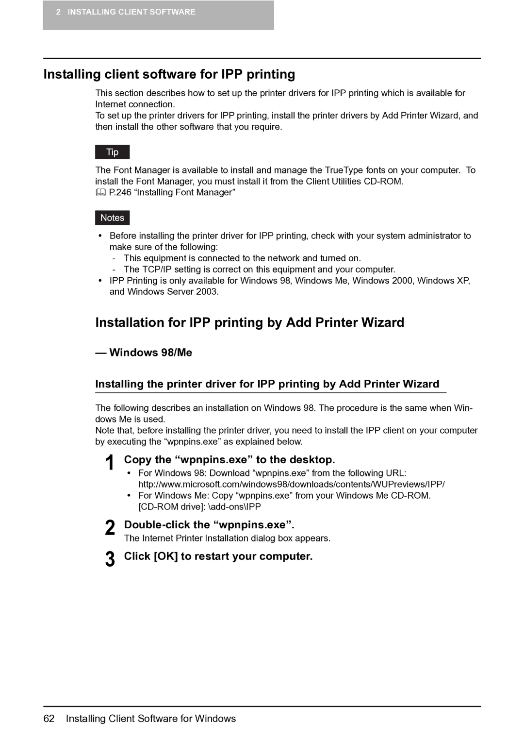 Toshiba e-Studio 165/205 Installing client software for IPP printing, Installation for IPP printing by Add Printer Wizard 