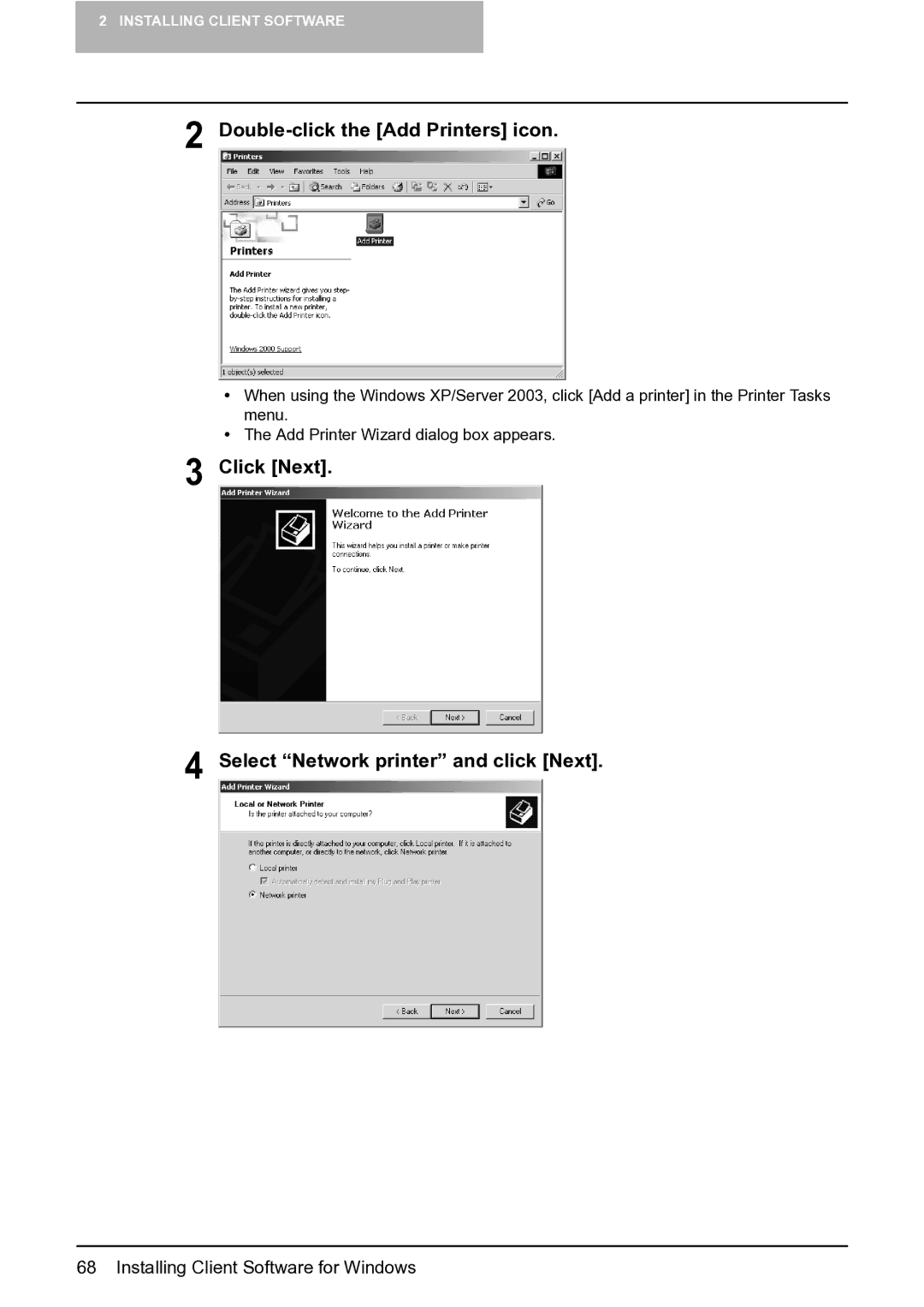 Toshiba e-Studio 165/205 manual Double-click the Add Printers icon, Click Next Select Network printer and click Next 