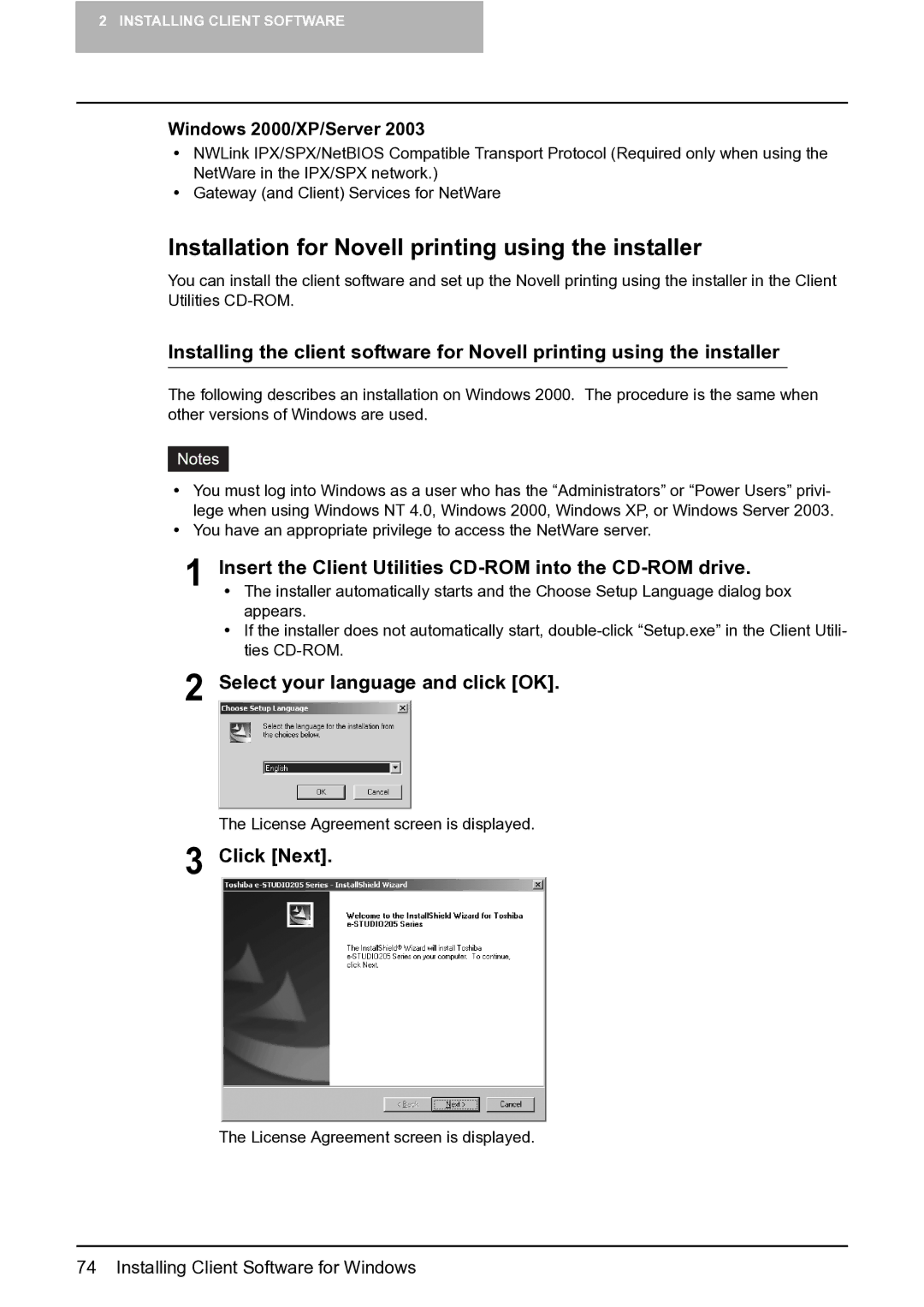 Toshiba e-Studio 165/205 manual Installation for Novell printing using the installer, Windows 2000/XP/Server 