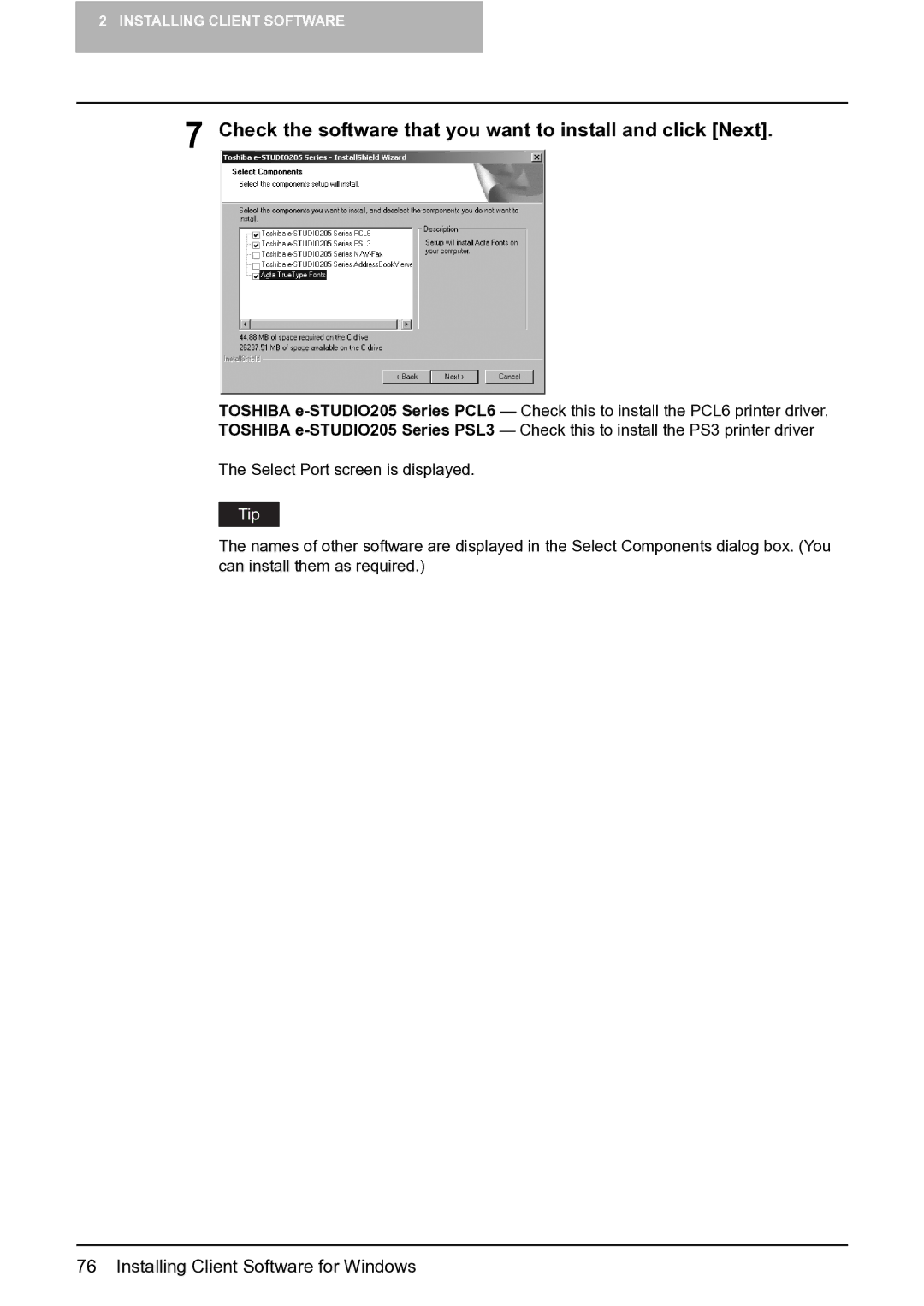 Toshiba e-Studio 165/205 manual Check the software that you want to install and click Next 