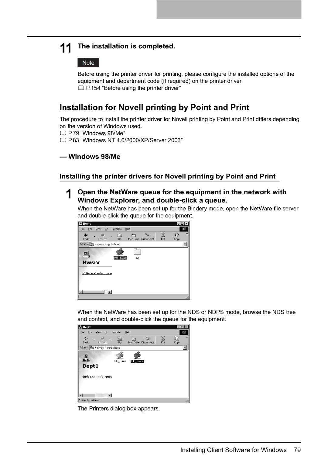 Toshiba e-Studio 165/205 manual Installation for Novell printing by Point and Print, Installation is completed 