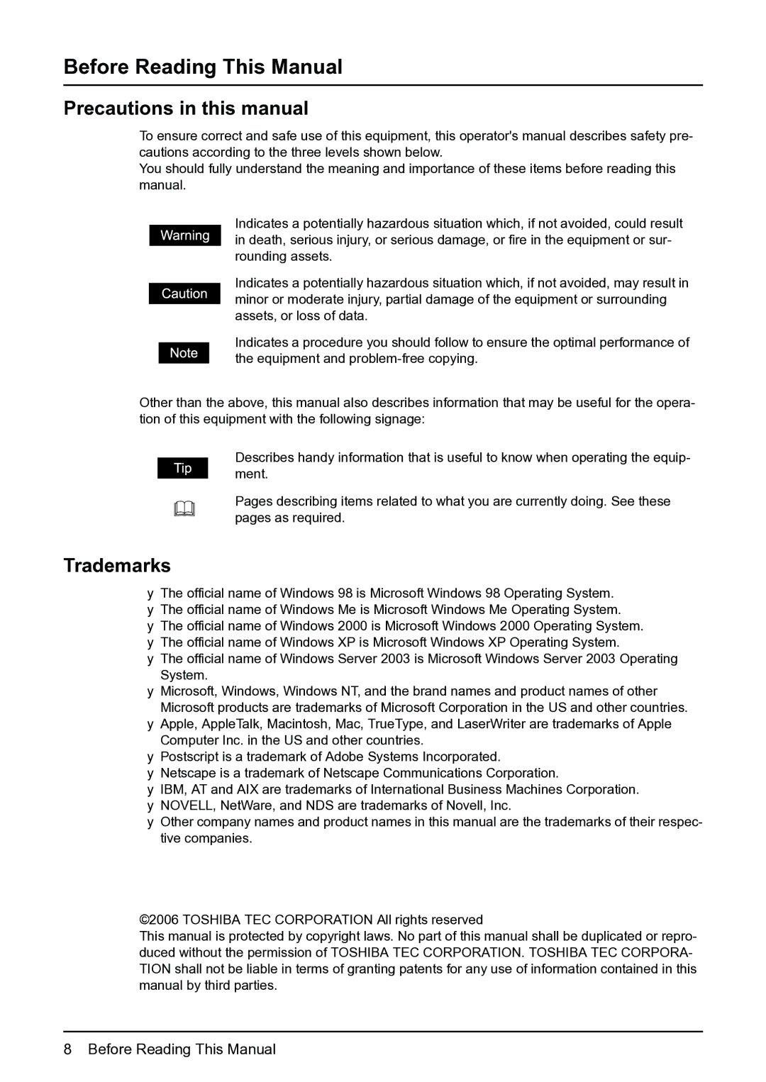 Toshiba e-Studio 165/205 Before Reading This Manual, Precautions in this manual, Trademarks 