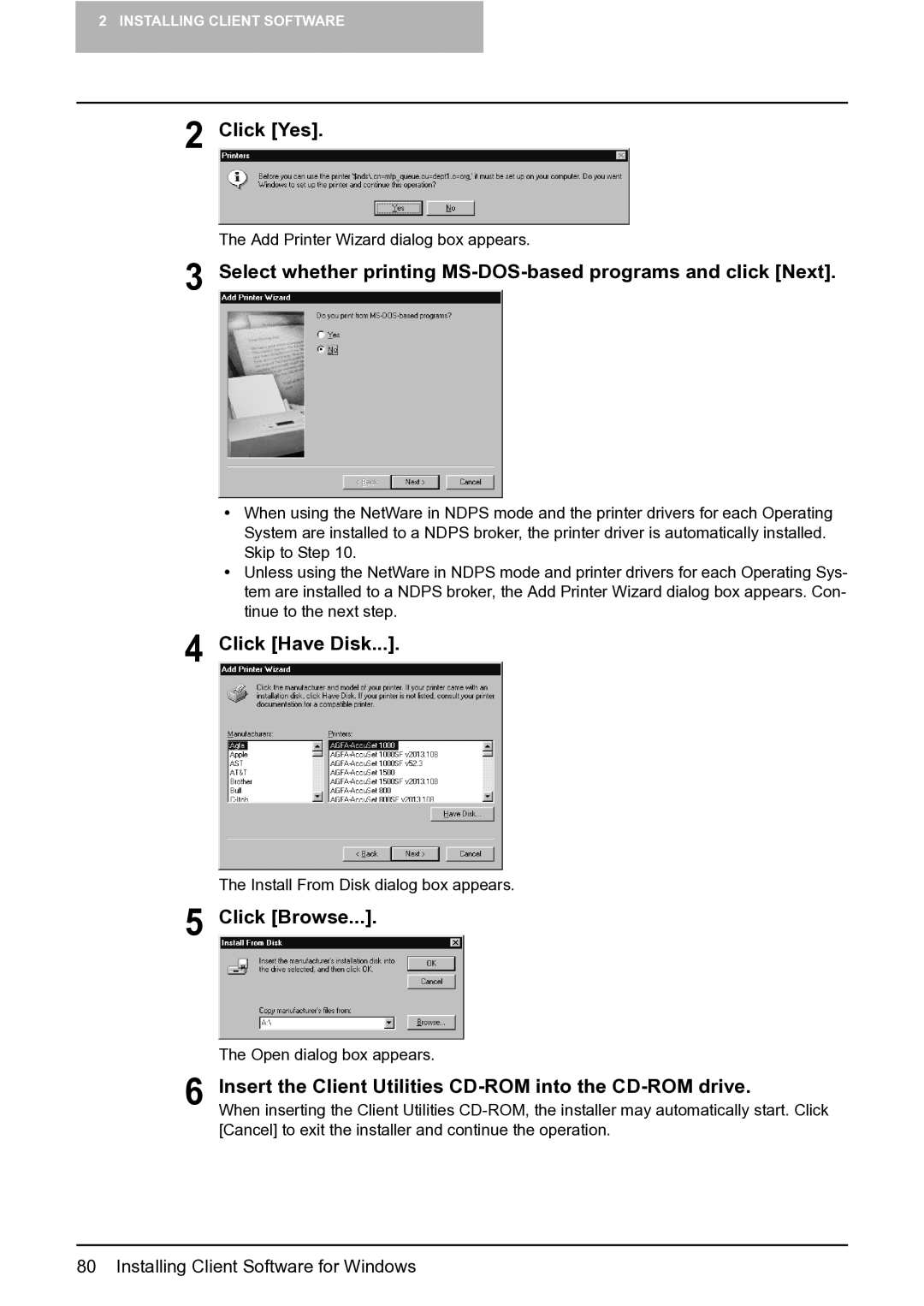 Toshiba e-Studio 165/205 manual Click Yes, Select whether printing MS-DOS-based programs and click Next 